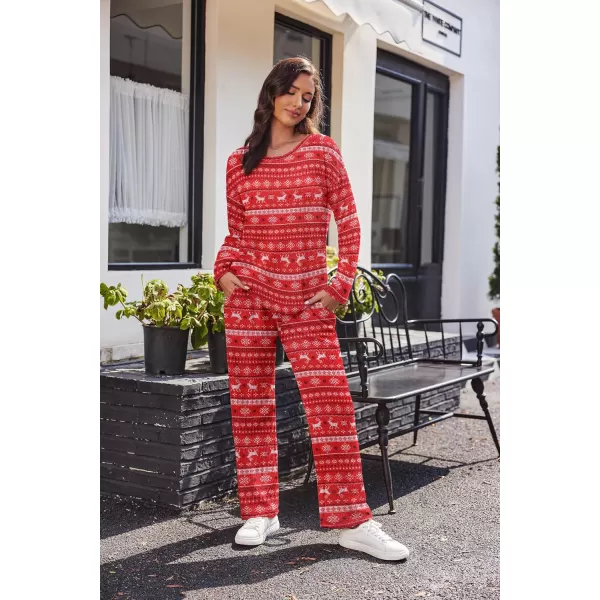 imageEkouaer Womens Waffle Knit Pajama Sets Comfy Long Sleeve Lounge Sets 2 Piece Matching Pj Sets with PocketsChristmas Red