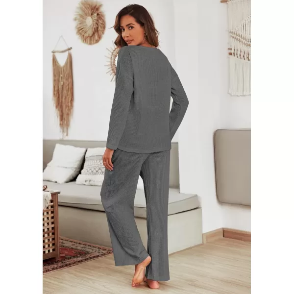 imageEkouaer Womens Waffle Knit Pajama Sets Comfy Long Sleeve Lounge Sets 2 Piece Matching Pj Sets with PocketsDark Grey