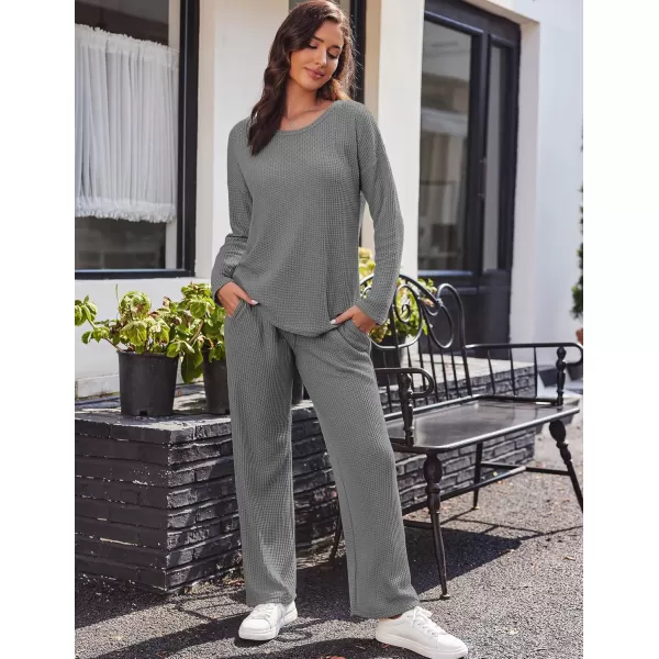 imageEkouaer Womens Waffle Knit Pajama Sets Comfy Long Sleeve Lounge Sets 2 Piece Matching Pj Sets with PocketsDark Grey