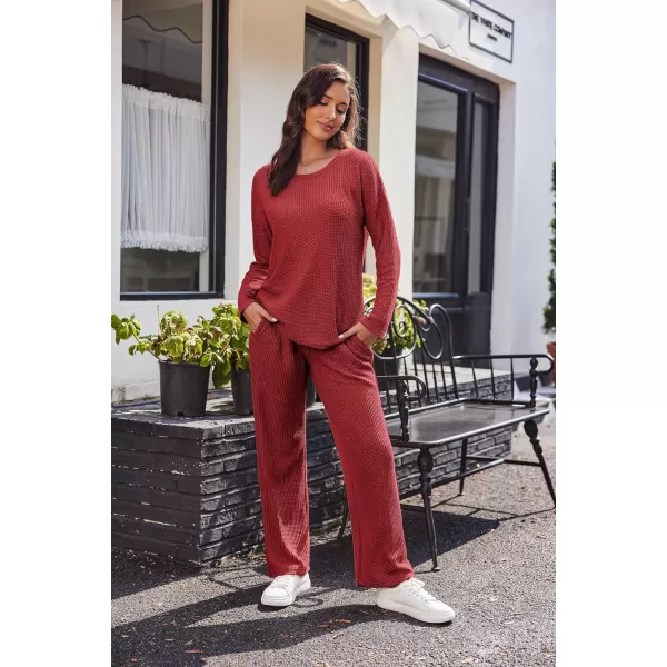 imageEkouaer Womens Waffle Knit Pajama Sets Comfy Long Sleeve Lounge Sets 2 Piece Matching Pj Sets with PocketsDark Red