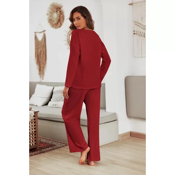 imageEkouaer Womens Waffle Knit Pajama Sets Comfy Long Sleeve Lounge Sets 2 Piece Matching Pj Sets with PocketsDark Red