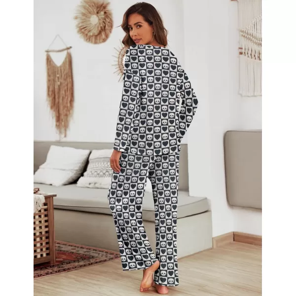 imageEkouaer Womens Waffle Knit Pajama Sets Comfy Long Sleeve Lounge Sets 2 Piece Matching Pj Sets with PocketsEagle Skull Heart