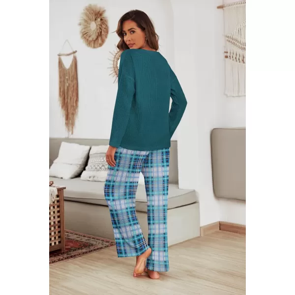 imageEkouaer Womens Waffle Knit Pajama Sets Comfy Long Sleeve Lounge Sets 2 Piece Matching Pj Sets with PocketsGreen Plaid
