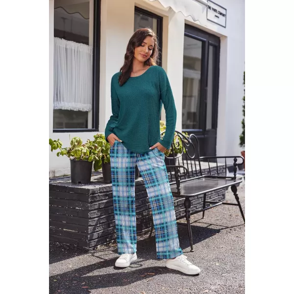 imageEkouaer Womens Waffle Knit Pajama Sets Comfy Long Sleeve Lounge Sets 2 Piece Matching Pj Sets with PocketsGreen Plaid