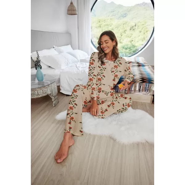 imageEkouaer Womens Waffle Knit Pajama Sets Comfy Long Sleeve Lounge Sets 2 Piece Matching Pj Sets with PocketsKhaki Floral Print