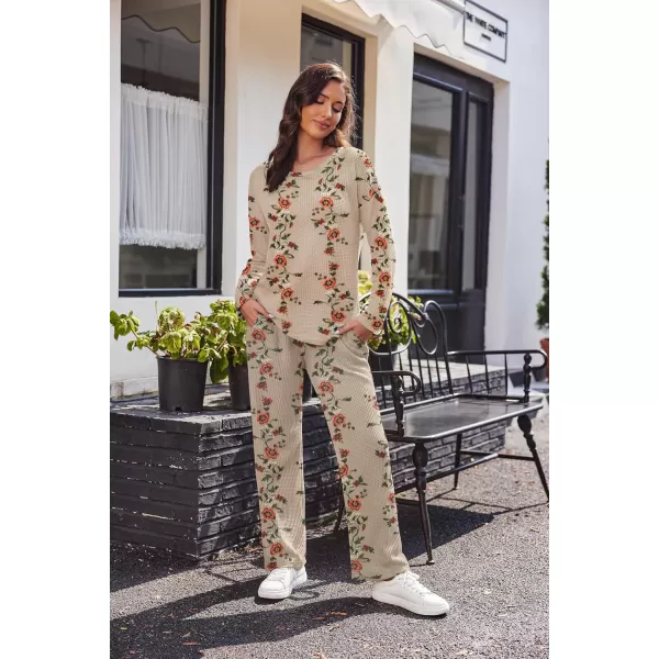 imageEkouaer Womens Waffle Knit Pajama Sets Comfy Long Sleeve Lounge Sets 2 Piece Matching Pj Sets with PocketsKhaki Floral Print