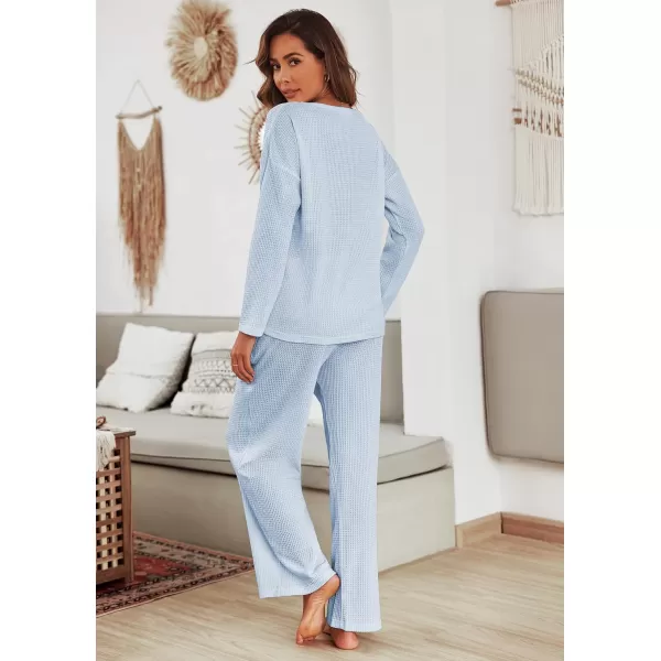 imageEkouaer Womens Waffle Knit Pajama Sets Comfy Long Sleeve Lounge Sets 2 Piece Matching Pj Sets with PocketsLight Blue