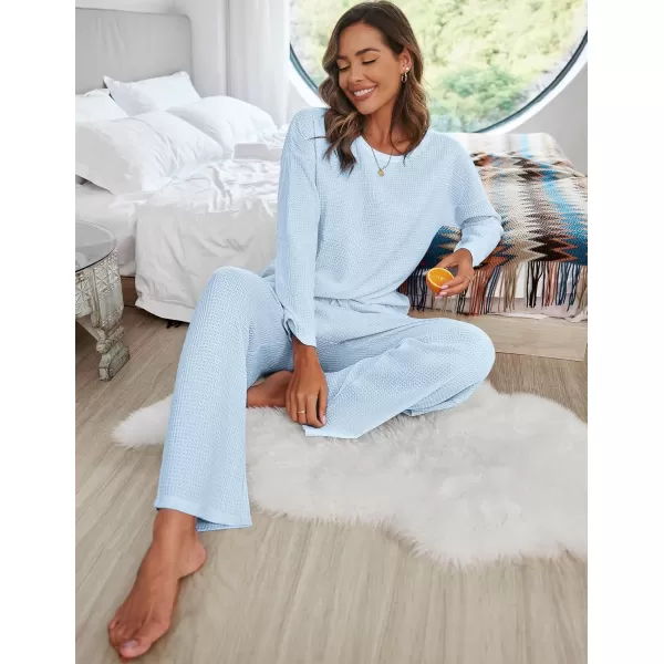 imageEkouaer Womens Waffle Knit Pajama Sets Comfy Long Sleeve Lounge Sets 2 Piece Matching Pj Sets with PocketsLight Blue