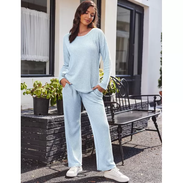 imageEkouaer Womens Waffle Knit Pajama Sets Comfy Long Sleeve Lounge Sets 2 Piece Matching Pj Sets with PocketsLight Blue