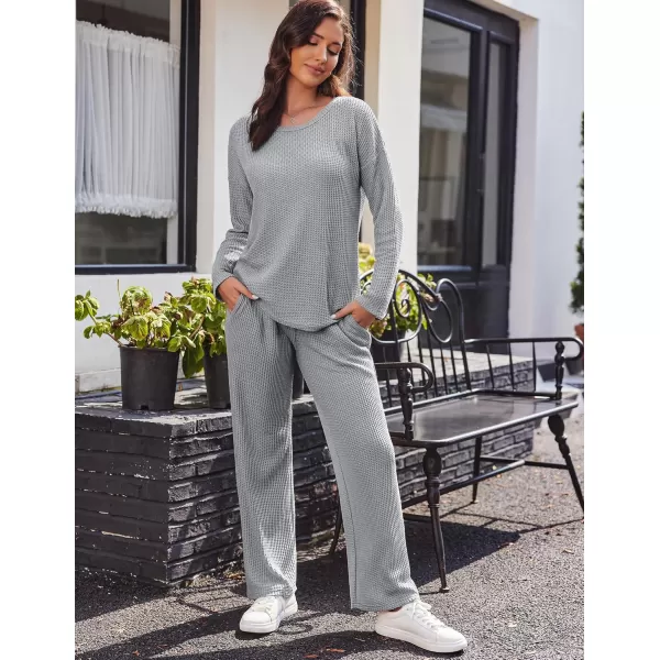 imageEkouaer Womens Waffle Knit Pajama Sets Comfy Long Sleeve Lounge Sets 2 Piece Matching Pj Sets with PocketsLight Grey