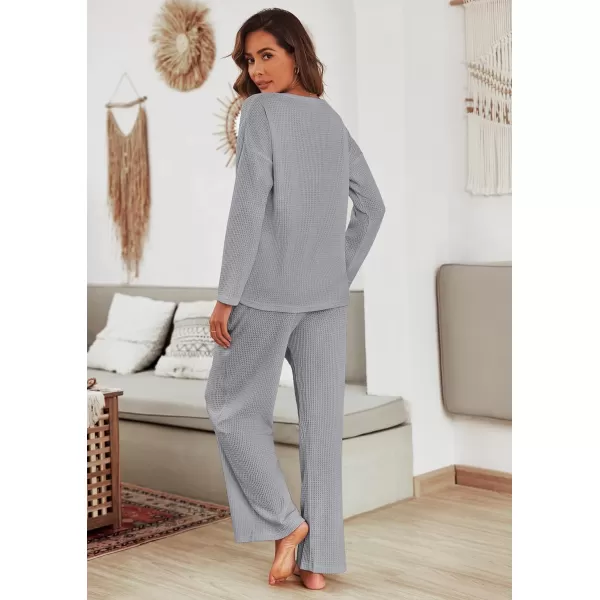 imageEkouaer Womens Waffle Knit Pajama Sets Comfy Long Sleeve Lounge Sets 2 Piece Matching Pj Sets with PocketsLight Grey