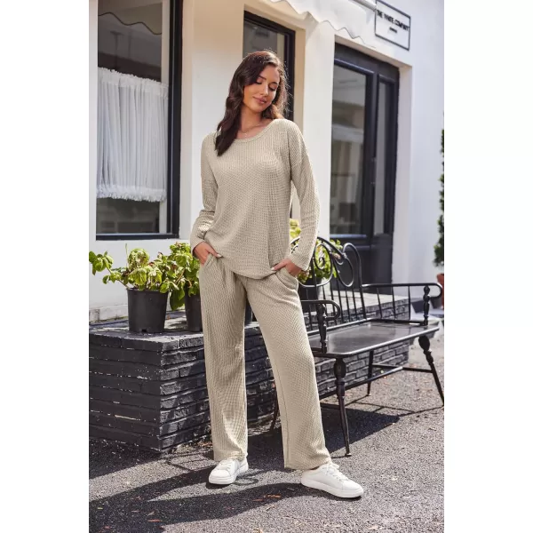 imageEkouaer Womens Waffle Knit Pajama Sets Comfy Long Sleeve Lounge Sets 2 Piece Matching Pj Sets with PocketsLight Khaki