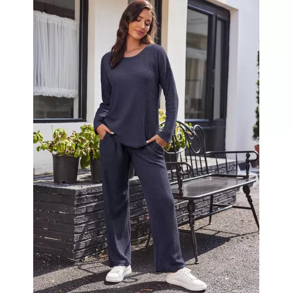 imageEkouaer Womens Waffle Knit Pajama Sets Comfy Long Sleeve Lounge Sets 2 Piece Matching Pj Sets with PocketsNavy Blue