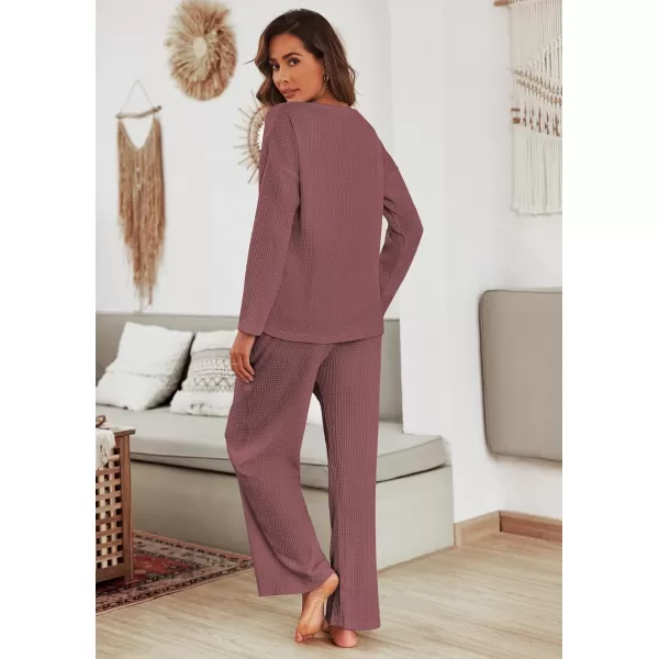 imageEkouaer Womens Waffle Knit Pajama Sets Comfy Long Sleeve Lounge Sets 2 Piece Matching Pj Sets with PocketsRose Red