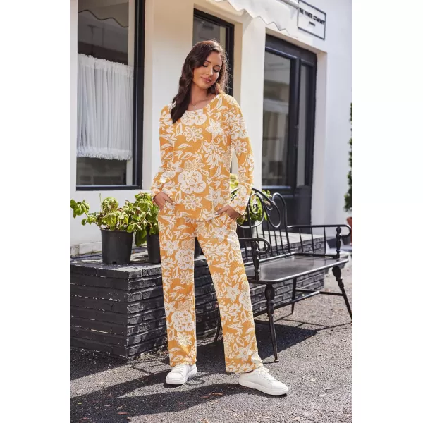 imageEkouaer Womens Waffle Knit Pajama Sets Comfy Long Sleeve Lounge Sets 2 Piece Matching Pj Sets with PocketsYellow Flowers
