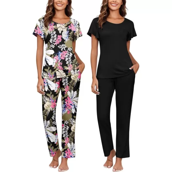 imageEkouaer 2 Pack Womens Pajama Sets Short Sleeve with Long Pajama Pant Set Soft Sleepwear Printed Pj Lounge Sets with PocketsBlack Floralblack