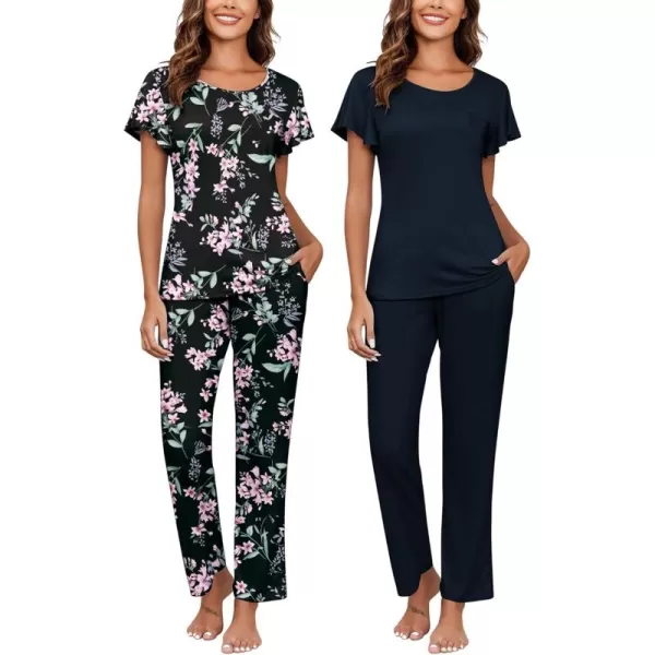 imageEkouaer 2 Pack Womens Pajama Sets Short Sleeve with Long Pajama Pant Set Soft Sleepwear Printed Pj Lounge Sets with PocketsBlack Flowersnavy Blue