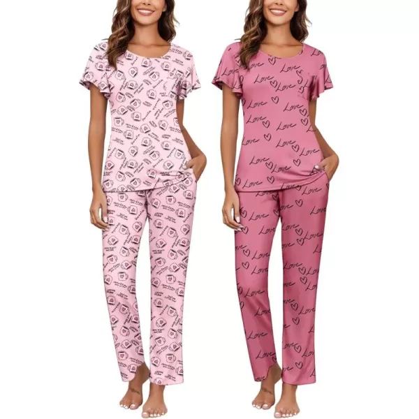 imageEkouaer 2 Pack Womens Pajama Sets Short Sleeve with Long Pajama Pant Set Soft Sleepwear Printed Pj Lounge Sets with PocketsCupsloves