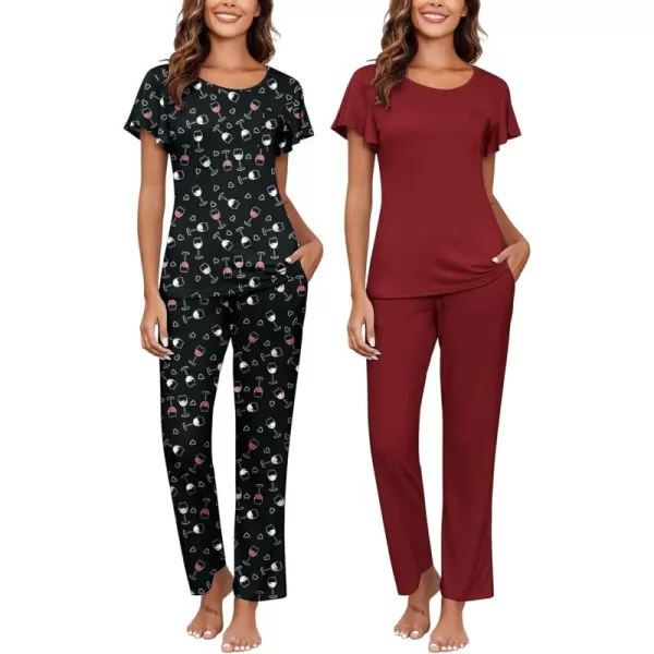 imageEkouaer 2 Pack Womens Pajama Sets Short Sleeve with Long Pajama Pant Set Soft Sleepwear Printed Pj Lounge Sets with PocketsCupswine Red