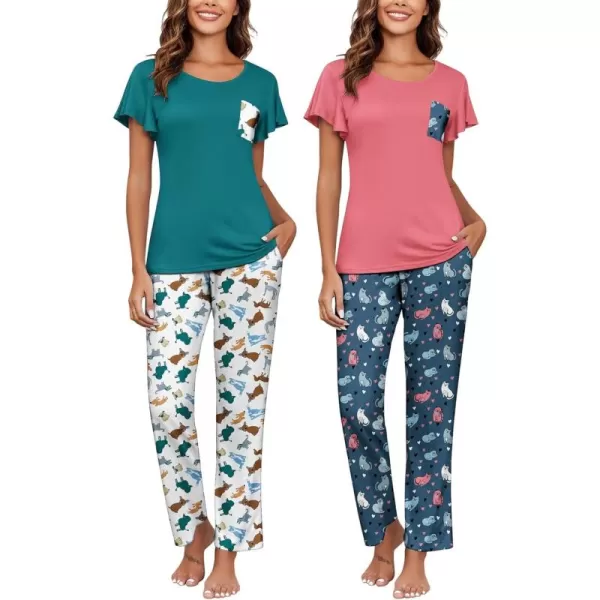 imageEkouaer 2 Pack Womens Pajama Sets Short Sleeve with Long Pajama Pant Set Soft Sleepwear Printed Pj Lounge Sets with PocketsDogscats