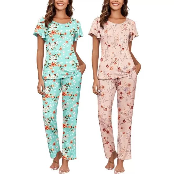 imageEkouaer 2 Pack Womens Pajama Sets Short Sleeve with Long Pajama Pant Set Soft Sleepwear Printed Pj Lounge Sets with PocketsGreen Flowersbeige Flowers