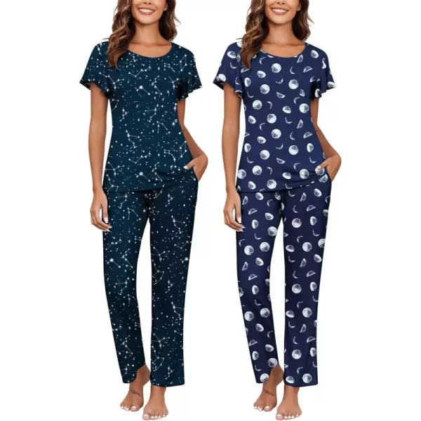 imageEkouaer 2 Pack Womens Pajama Sets Short Sleeve with Long Pajama Pant Set Soft Sleepwear Printed Pj Lounge Sets with PocketsMoonstars