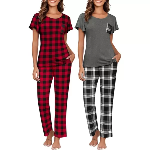 imageEkouaer 2 Pack Womens Pajama Sets Short Sleeve with Long Pajama Pant Set Soft Sleepwear Printed Pj Lounge Sets with PocketsRed Plaidblack Plaid