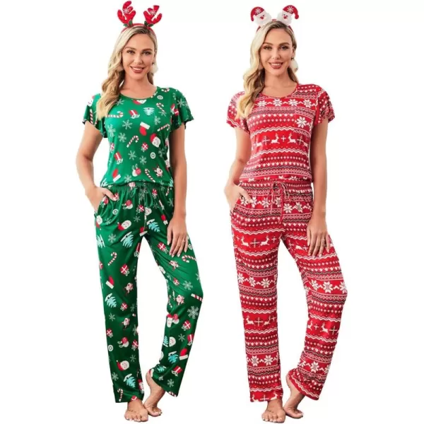 imageEkouaer 2 Pack Womens Pajama Sets Short Sleeve with Long Pajama Pant Set Soft Sleepwear Printed Pj Lounge Sets with PocketsRed Snowflakegreen Santa Claus