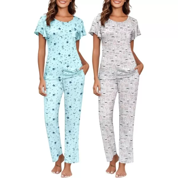 imageEkouaer 2 Pack Womens Pajama Sets Short Sleeve with Long Pajama Pant Set Soft Sleepwear Printed Pj Lounge Sets with PocketsStarcup