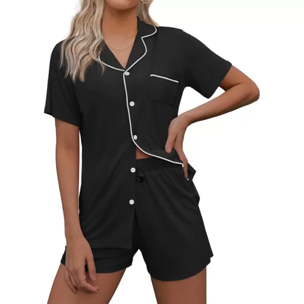 imageEkouaer Pajamas Set for Women Short Sleeve Sleepwear Summer Button Down Nightwear Soft Pjs Lounge SetBlack