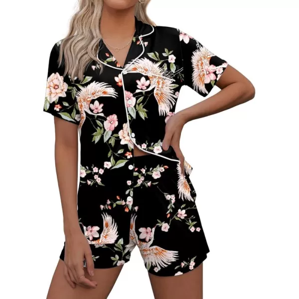 imageEkouaer Pajamas Set for Women Short Sleeve Sleepwear Summer Button Down Nightwear Soft Pjs Lounge SetBlack Floral