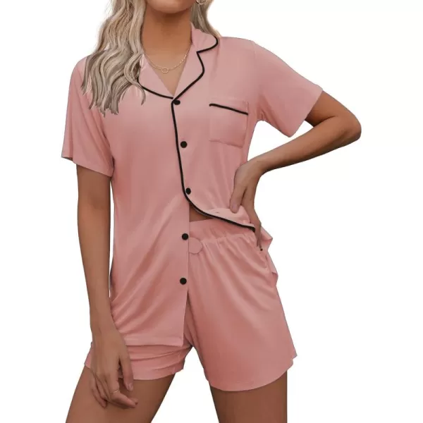 imageEkouaer Pajamas Set for Women Short Sleeve Sleepwear Summer Button Down Nightwear Soft Pjs Lounge SetDark Pink