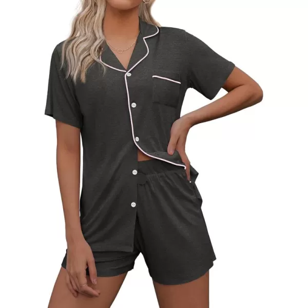 imageEkouaer Pajamas Set for Women Short Sleeve Sleepwear Summer Button Down Nightwear Soft Pjs Lounge SetDeep Flower Gray