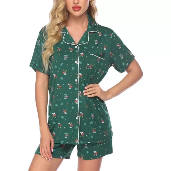 imageEkouaer Pajamas Set for Women Short Sleeve Sleepwear Summer Button Down Nightwear Soft Pjs Lounge SetGreen Christmas Deer