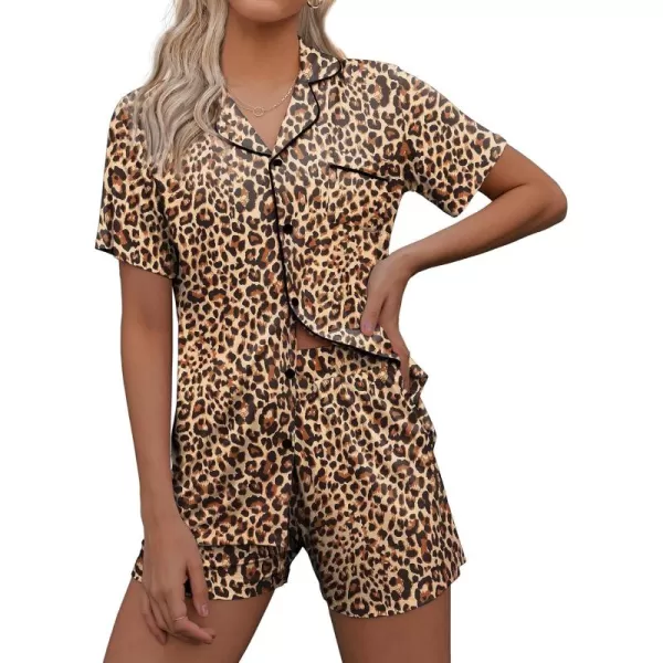 imageEkouaer Pajamas Set for Women Short Sleeve Sleepwear Summer Button Down Nightwear Soft Pjs Lounge SetLeopard