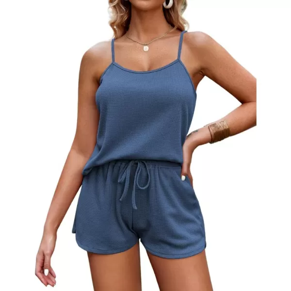 imageEkouaer Pajamas for Women Soft Lingerie Sleepwear 2 Piece Cami Shorts Set Waffle Knit Pj LoungewearBlue