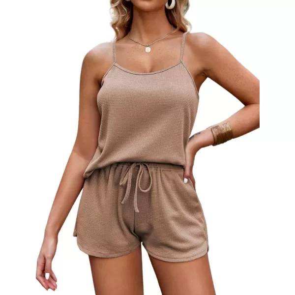 imageEkouaer Pajamas for Women Soft Lingerie Sleepwear 2 Piece Cami Shorts Set Waffle Knit Pj LoungewearKhaki