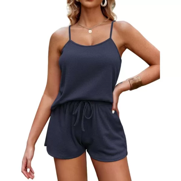 imageEkouaer Pajamas for Women Soft Lingerie Sleepwear 2 Piece Cami Shorts Set Waffle Knit Pj LoungewearNavy Blue