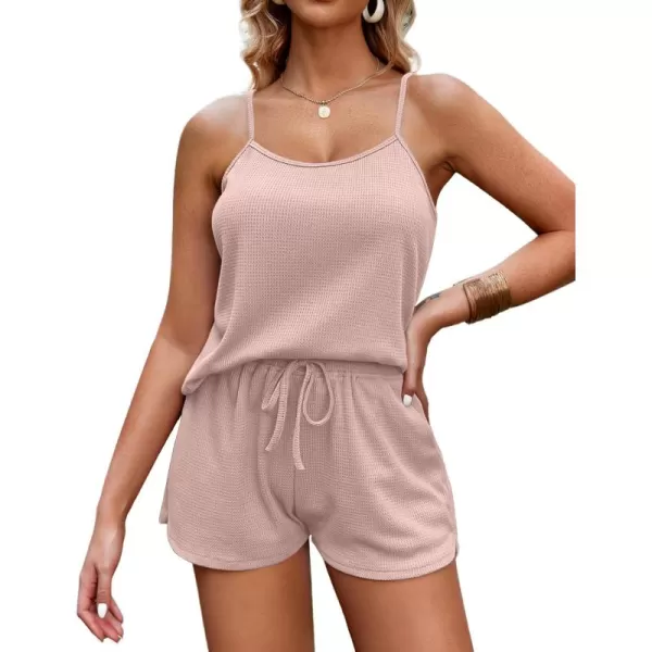 imageEkouaer Pajamas for Women Soft Lingerie Sleepwear 2 Piece Cami Shorts Set Waffle Knit Pj LoungewearPink