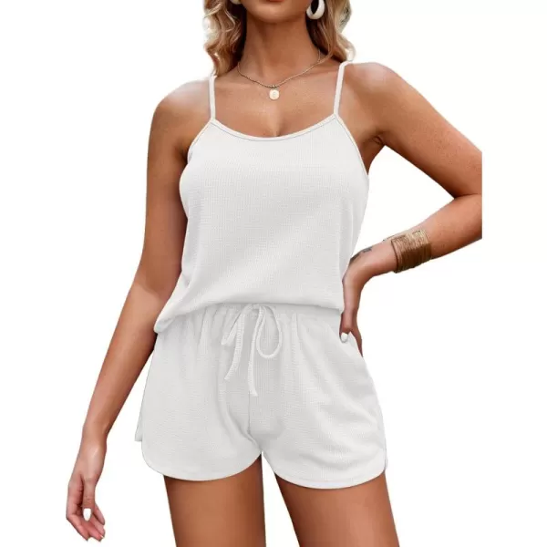 imageEkouaer Pajamas for Women Soft Lingerie Sleepwear 2 Piece Cami Shorts Set Waffle Knit Pj LoungewearWhite