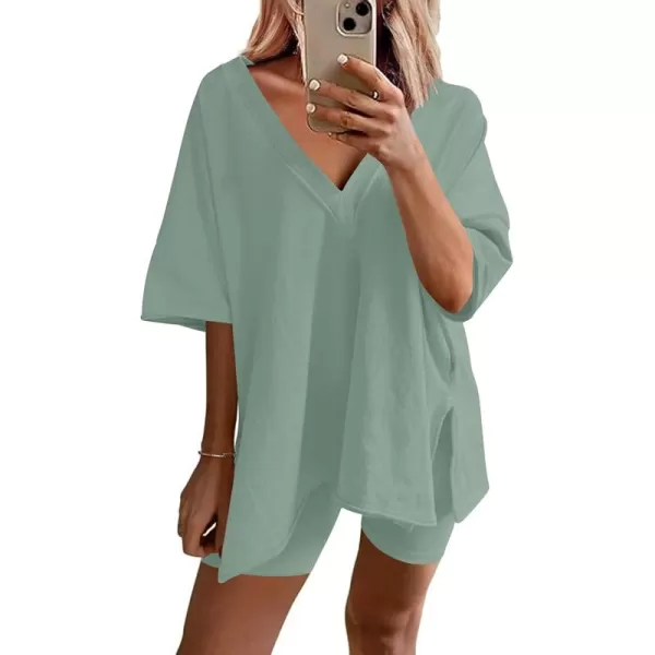 imageEkouaer Womens Pajamas 2 Piece Lounge Sets Oversized V Neck TShirts Tops Biker Shorts Set Workout Reversible Tracksuit SXXLIce Green