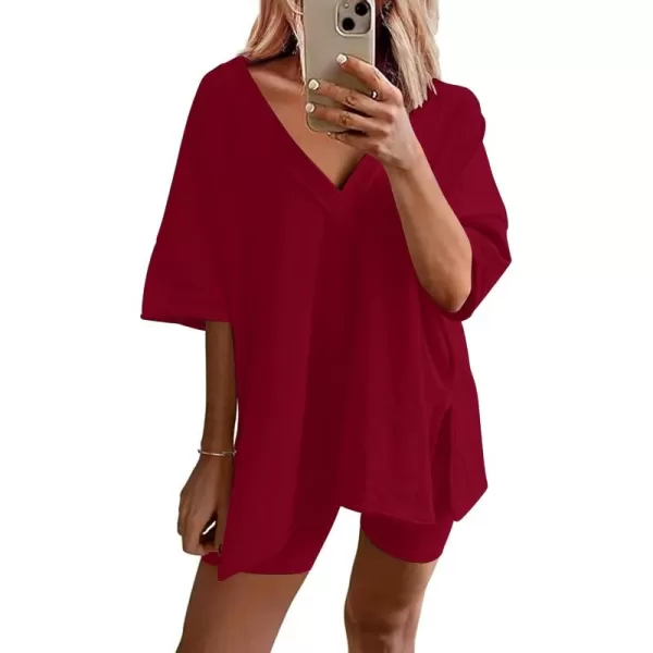 imageEkouaer Womens Pajamas 2 Piece Lounge Sets Oversized V Neck TShirts Tops Biker Shorts Set Workout Reversible Tracksuit SXXLWine Red