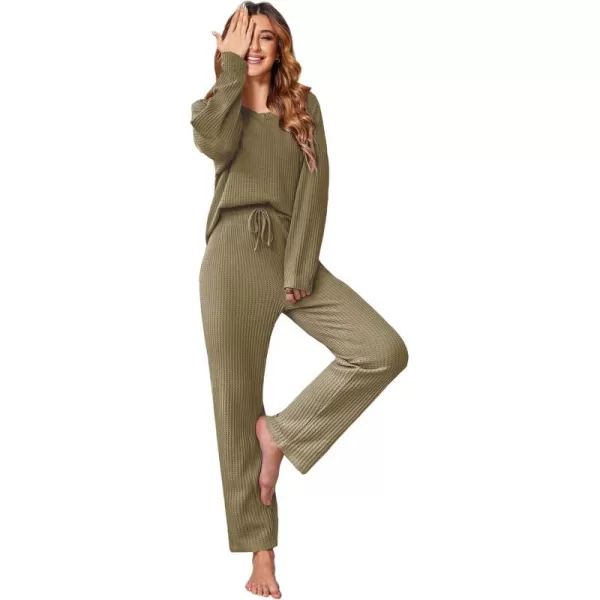 imageEkouaer Womens Waffle Knit Pajama Sets Comfy Long Sleeve Lounge Sets 2 Piece Matching Pj Sets with PocketsArmy Green