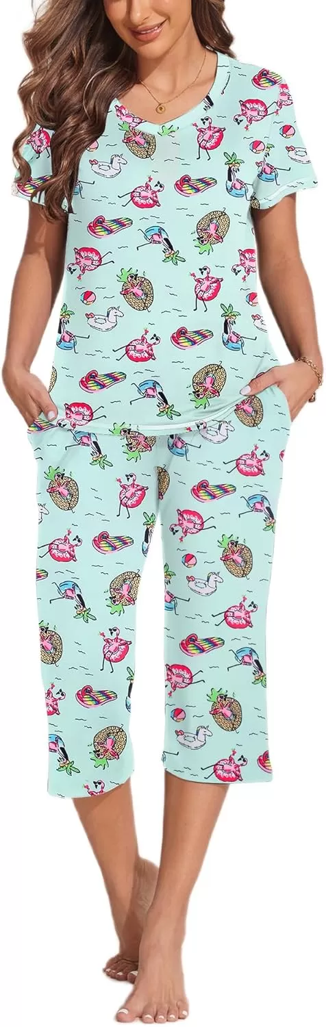 imageEkouaer 2 Pack Womens Sleepwear Capri Pajama Sets Short Sleeve TwoPiece Pjs V Neck Tops ampamp Capri Pants with Pockets S3XLAnimalsorange Wave