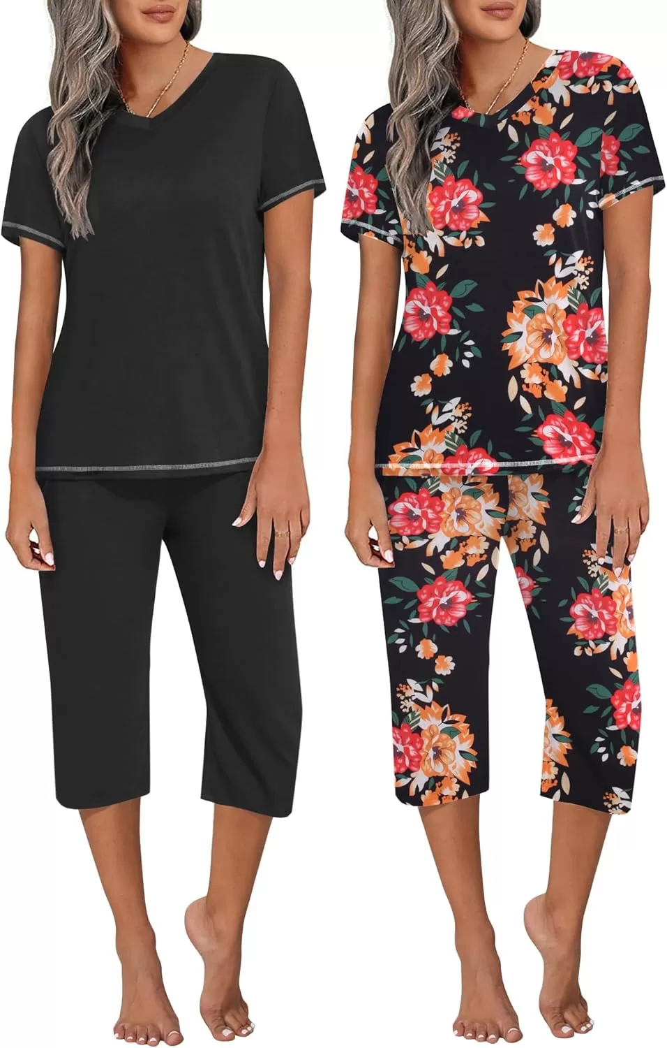 imageEkouaer 2 Pack Womens Sleepwear Capri Pajama Sets Short Sleeve TwoPiece Pjs V Neck Tops ampamp Capri Pants with Pockets S3XLBlack Flowerblack