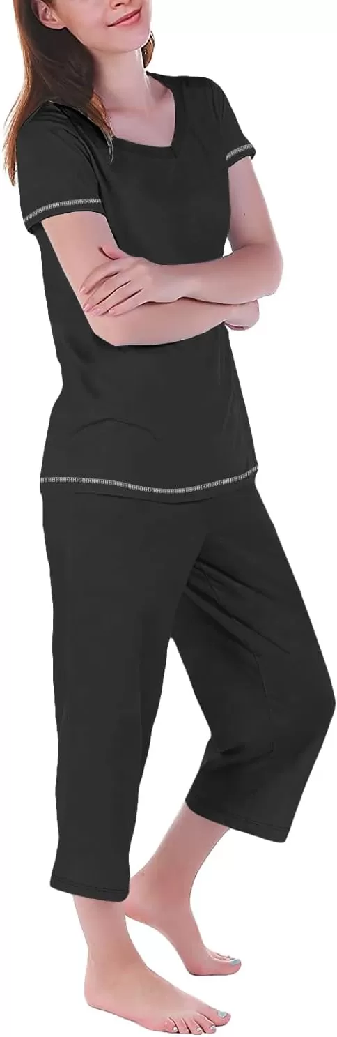 imageEkouaer 2 Pack Womens Sleepwear Capri Pajama Sets Short Sleeve TwoPiece Pjs V Neck Tops ampamp Capri Pants with Pockets S3XLBlack Flowerblack