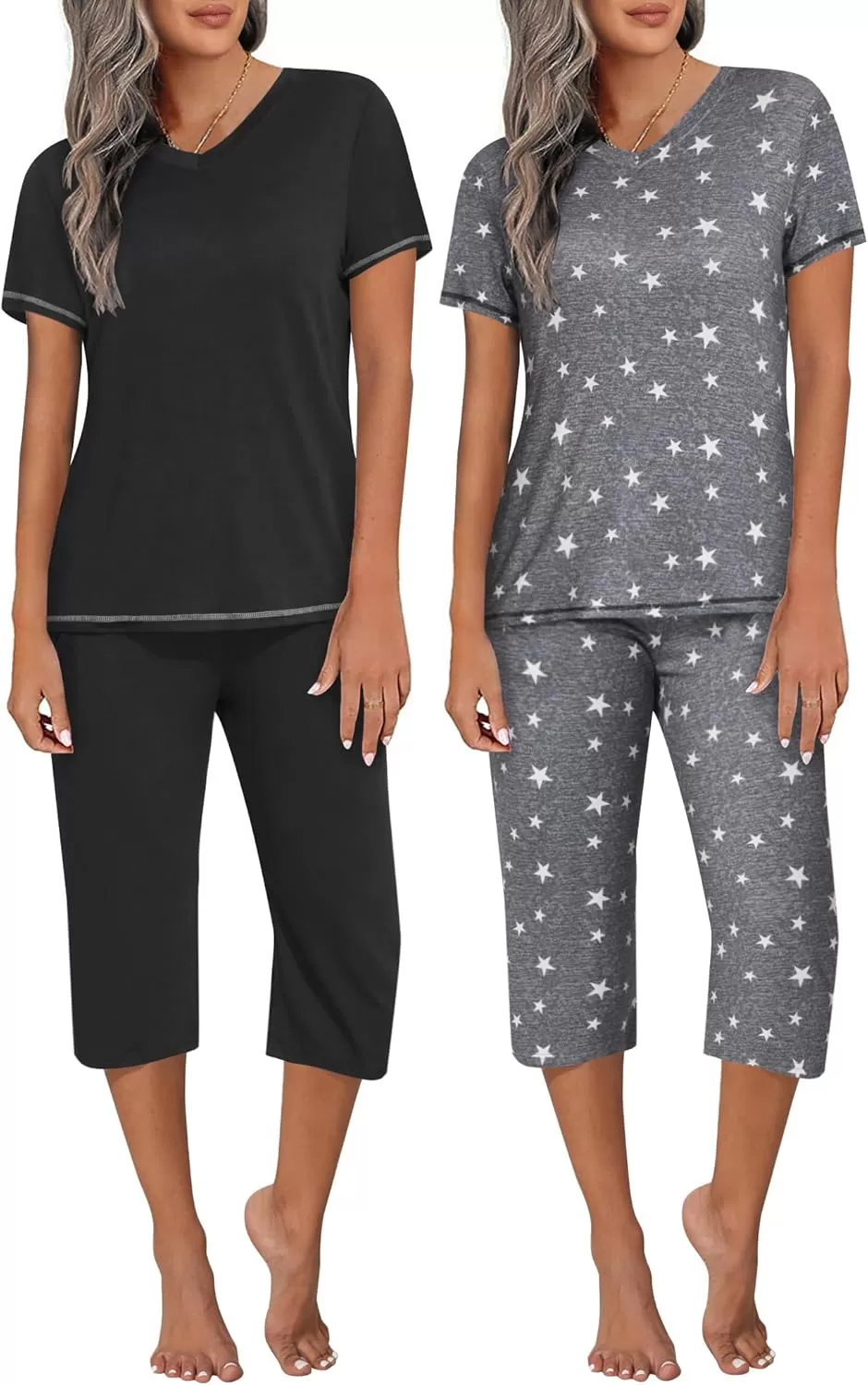 imageEkouaer 2 Pack Womens Sleepwear Capri Pajama Sets Short Sleeve TwoPiece Pjs V Neck Tops ampamp Capri Pants with Pockets S3XLBlackgrey Star
