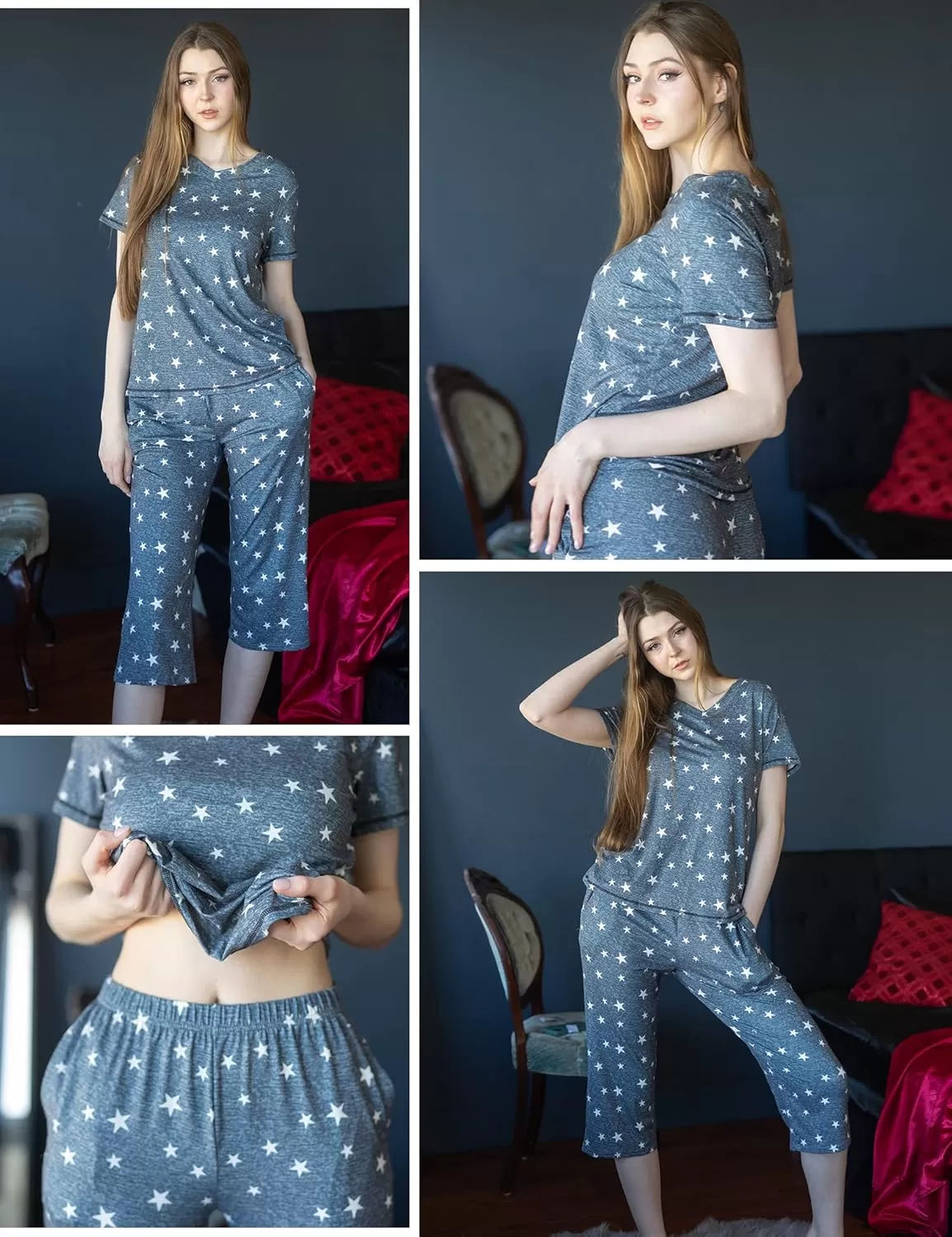 imageEkouaer 2 Pack Womens Sleepwear Capri Pajama Sets Short Sleeve TwoPiece Pjs V Neck Tops ampamp Capri Pants with Pockets S3XLBlackgrey Star