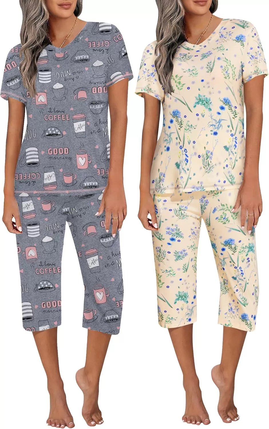 imageEkouaer 2 Pack Womens Sleepwear Capri Pajama Sets Short Sleeve TwoPiece Pjs V Neck Tops ampamp Capri Pants with Pockets S3XLBlue Floralcoffee