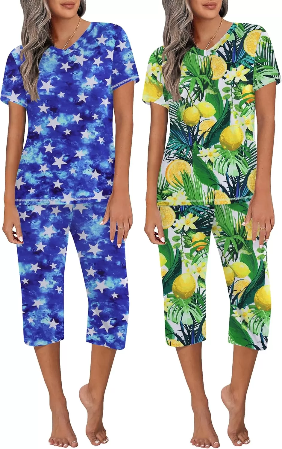 imageEkouaer 2 Pack Womens Sleepwear Capri Pajama Sets Short Sleeve TwoPiece Pjs V Neck Tops ampamp Capri Pants with Pockets S3XLBlue Starlemon